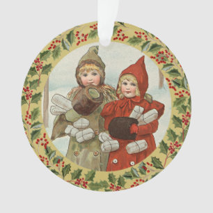 Ornamento Cartão de Natal Cena de Natal Vintage com Duas Men