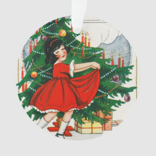 Ornamento Cartão postal de Natal retrô, criança e árvore de