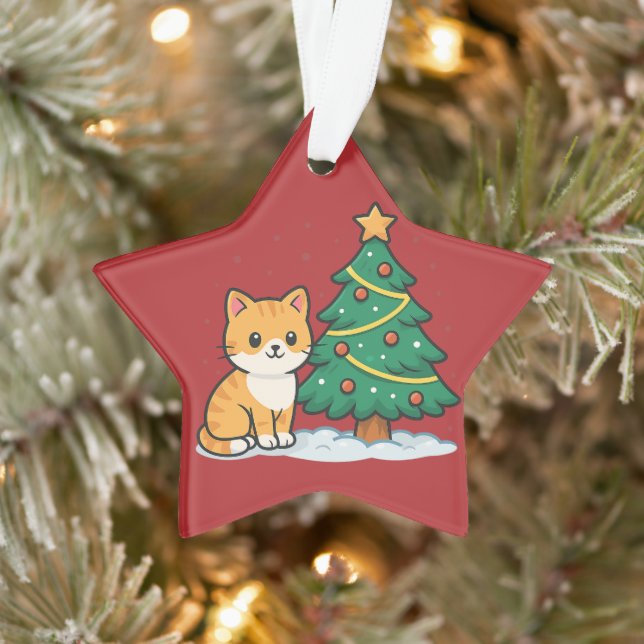 Ornamento Cartoon Cat by Christmas Tree Snowy Sticker (Árvore)