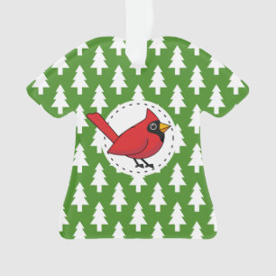 Ornamento Cartoon Red Cardinal sobre Pinheiros Brancos Verde