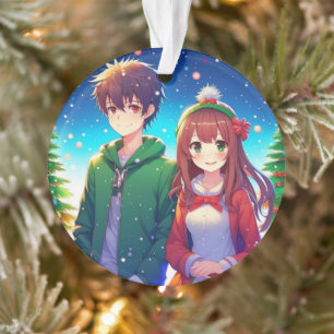 Ornamento Casal de Anime Fofo no Natal