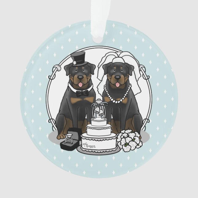 Ornamento Casal de Casamento Rottweilers Noiva e Cães de Gro (Frente)