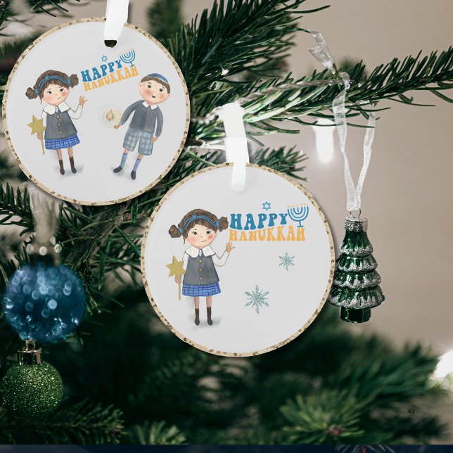 Ornamento Casal Judeu Feliz Hanukkah (Cute Jewish Couple Happy Hanukkah Ornament)