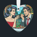 Ornamento Casal no Amor | Pop Art<br><div class="desc">Um casal em um encontro romântico em um restaurante italiano compartilhando um prato de espaguete. Estilo de banda desenhada,  estilo cartoon pop art ai.</div>