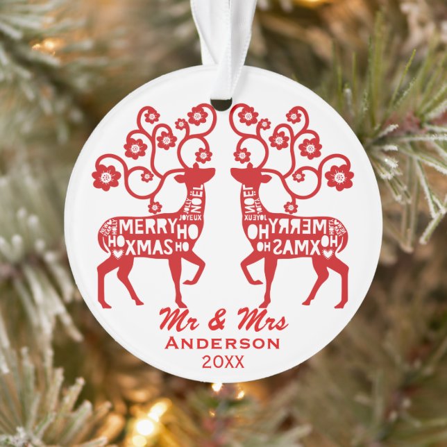 Ornamento Casal Personalizado de Reindeer Nórdico Vermelho (Árvore)