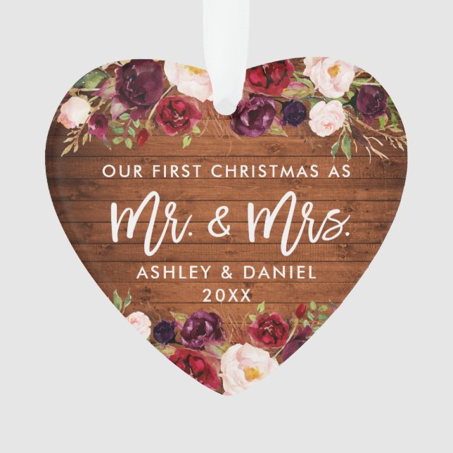 Ornamento Casamento de Natal Rustic Burgundy Floral (Frente)