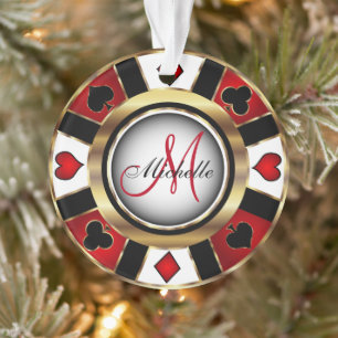 Ornamento Casino Poker Monograma Chip - Vermelho e Dourado
