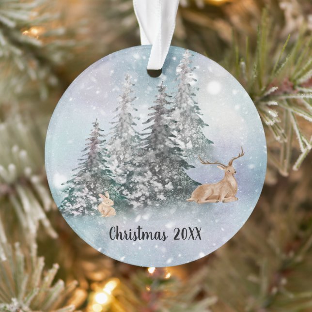 Ornamento Cena de inverno com cervo, coelho e neve (Árvore)