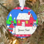 Ornamento Cena Whimsical Winter Wonderland<br><div class="desc">Esta linda, colorida e balbuciosa cena da terra maravilhosa do inverno vai iluminar toda sua decoração, acessórios, roupas e presentes. Um esquiador de bochecha rosada no interior de um campo atravessando neve recém-caída em uma fria cena noturna maravilhosa de inverno. Uma casa vermelha e homens de neve adoram o fundo...</div>