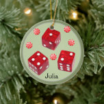 ornamento cerâmico de Bunco Christmas<br><div class="desc">Design de férias Creative Bunco. Para personalizar editar texto para adicionar nome.</div>