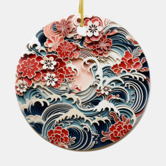 Ornamento cerâmico de flores e ondas japonesas