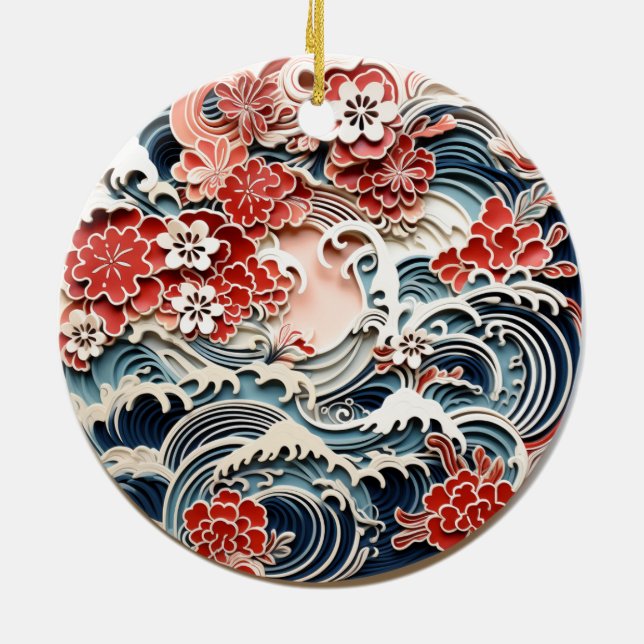 Ornamento cerâmico de flores e ondas japonesas (Traseira)