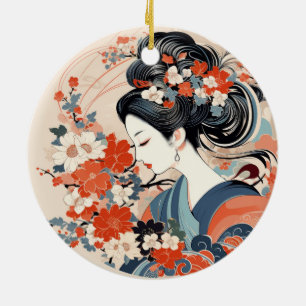 Ornamento cerâmico de Geisha e Flores Japonesas