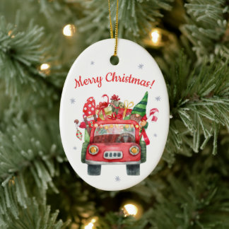 ornamento cerâmico de Natal com carro vermelho