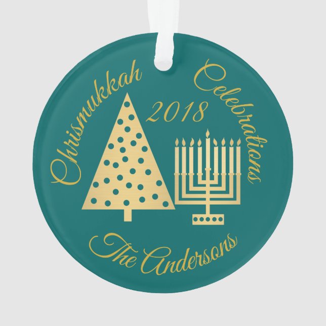 Ornamento Cerceta Dourado do Natal de Chrismukkah Hanukkah (Verso)