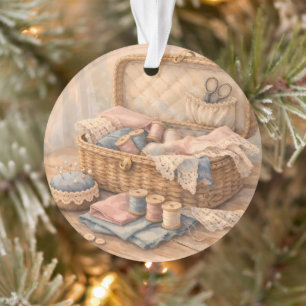 Ornamento Cesto de Costura Antigo Pastel Cottagecore