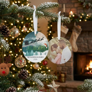 Ornamento Christmas BELIEVE Reindeer Sleigh Santa Hat Foto