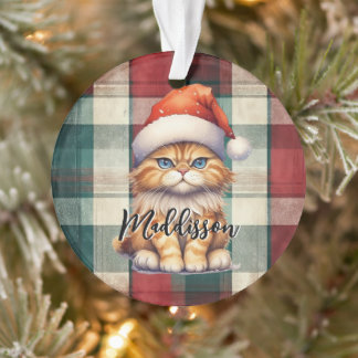 Ornamento Christmas Plaid Santa Cat With Name