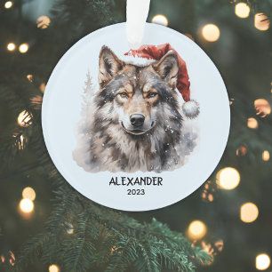 Ornamento Cinza Wolf Santa Hat Personaliza o Natal