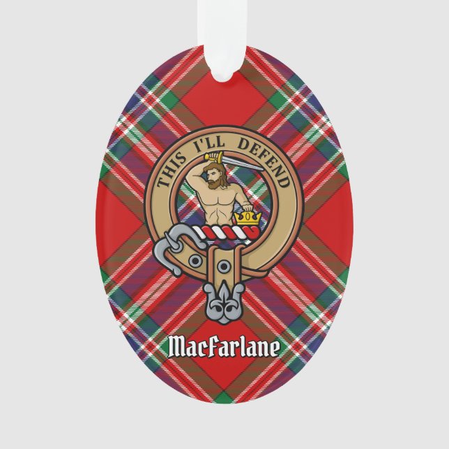 Ornamento Clan MacFarlane Crest sobre Red Tartan (Frente)