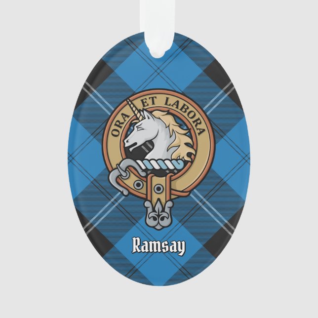Ornamento Clan Ramsay Crest sobre Blue Hunting Tartan (Frente)