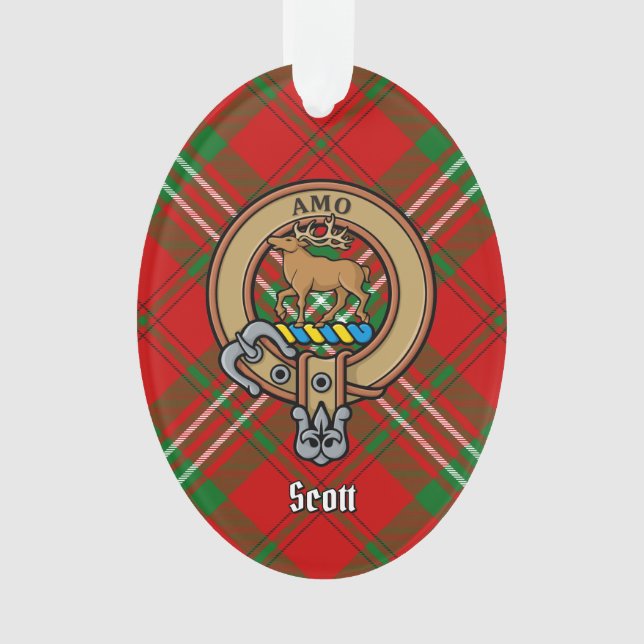 Ornamento Clan Scott Crest sobre Red Tartan Ornament (Frente)