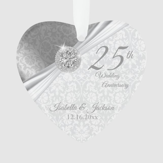 Ornamento Classy Damask - 25 Silver Casamento Aniversário (Frente)