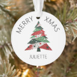 Ornamento Collage Árvore de Natal<br><div class="desc">Apresenta uma colagem de árvore de Natal em uma paleta colorida de vermelho e verde. Personalize com um nome na frente e um nome "de" no verso.</div>