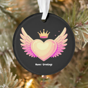 Ornamento Coração Anjo com Asas Rosa Legal e Coroa Um Toque