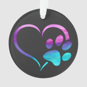 Ornamento Coração com Pegada de Cachorro Ciano Roxo