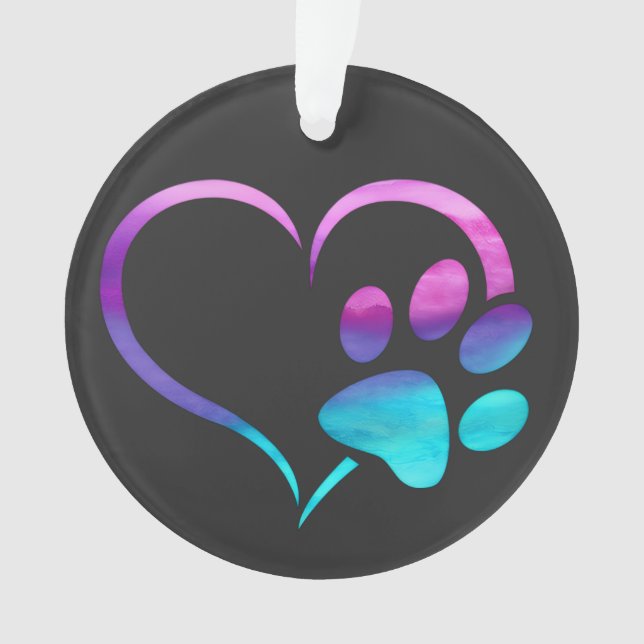 Ornamento Coração com Pegada de Cachorro Ciano Roxo (Frente)
