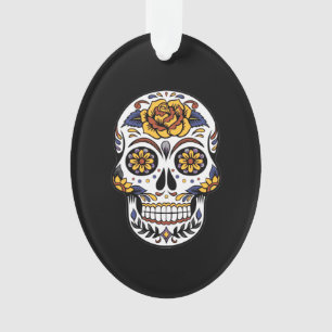 Ornamento Crânio de Rosa Amarelo em Preto
