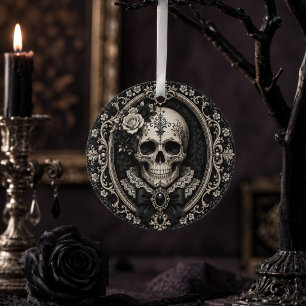 Ornamento Crânio Gótico Vitoriano Preto Marfim Romance Sombr