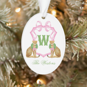 Ornamento Crest Monograma de Natal Préppy Leopardo Aquarela