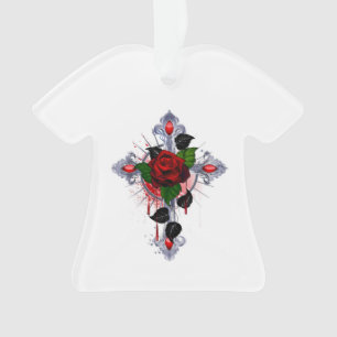 Ornamento Cruz de Prata com Rosa vermelha