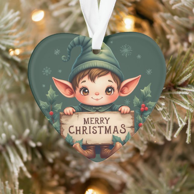Ornamento Cute Christmas Elf Holding Merry Sign Green (Árvore)
