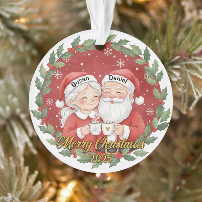 Ornamento Cute Santa Couple Holiday Keepsake with Custom Nam (Árvore)