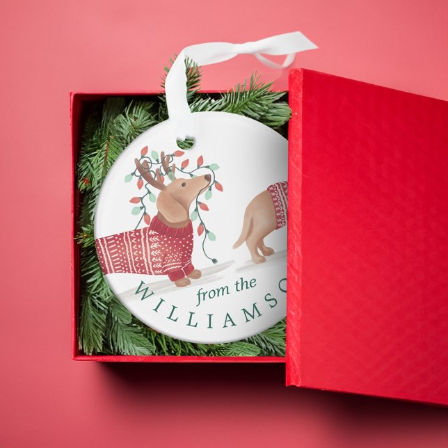 Ornamento Dachshund Dog Cozy Knit Foto do Suéter de Natal (Dachshund Dog Cozy Knitted Christmas Sweater Photo Ornament)