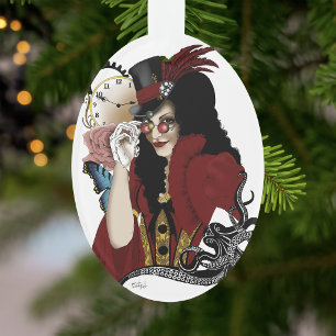 Ornamento Dama Vitoriana Vermelha Steampunk Polvo Vintage