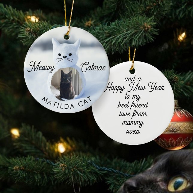 Ornamento das Férias de Natal de Meowy Catmas (Meowy Catmas! Upload your best friend's photo and add their name and a message to this cute ornament)