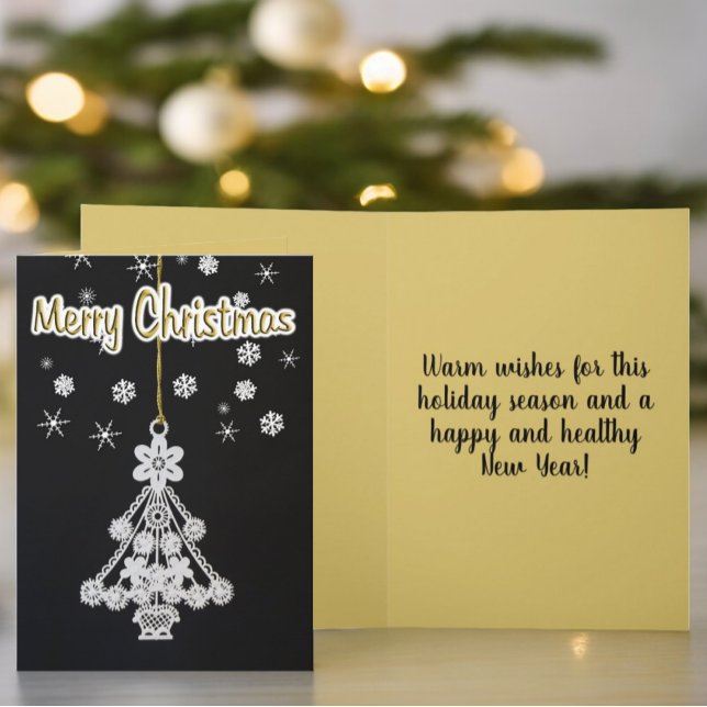 Ornamento de Árvore de Natal Branco sobre Modelo p (Black and gold cover and inside template text Christmas card)