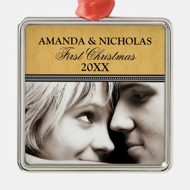 Ornamento de Casamento de Primeiro Natal de Damask (Frente)