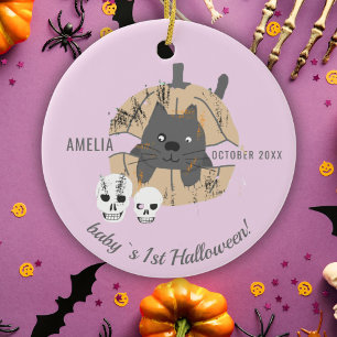 Ornamento De Cerâmica 1º Halloween do Bebê Gato Rosa Abóbora Caveira