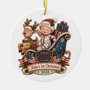 Ornamento De Cerâmica 1º Natal do Bebê 2026 América 250 Rena