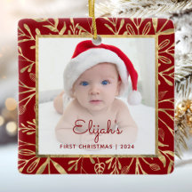 1º Natal do Bebê Foto Folhagem Burgundy Dourada
