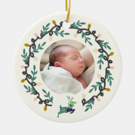 Ornamento De Cerâmica 1º Veado de Natal com Coroa Verde-azulado Creme