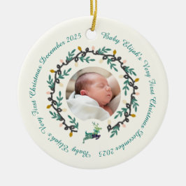 Ornamento De Cerâmica 1º Veado de Natal com Coroa Verde-azulado Creme2