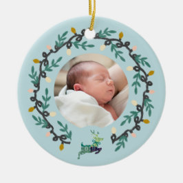 Ornamento De Cerâmica 1º Veado de Natal com Guirlanda Verde-água Persona