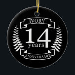 Ornamento De Cerâmica 14 anos de aniversário do casamento de Ivory<br><div class="desc">Uma design para celebrar 14 anos de casamento. Este design tem um design branco (marfim) de riso colorido em um fundo preto. A marfim é o presente tradicional para esta ocasião. O texto refere-se a Ivory, 14 anos de aniversário. Uma design romântica para comemorar seu 14 ano de casamento. Se...</div>