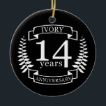 Ornamento De Cerâmica 14 anos de aniversário do casamento de Ivory<br><div class="desc">Uma design para celebrar 14 anos de casamento. Este design tem um design branco (marfim) de riso colorido em um fundo preto. A marfim é o presente tradicional para esta ocasião. O texto refere-se a Ivory, 14 anos de aniversário. Uma design romântica para comemorar seu 14 ano de casamento. Se...</div>
